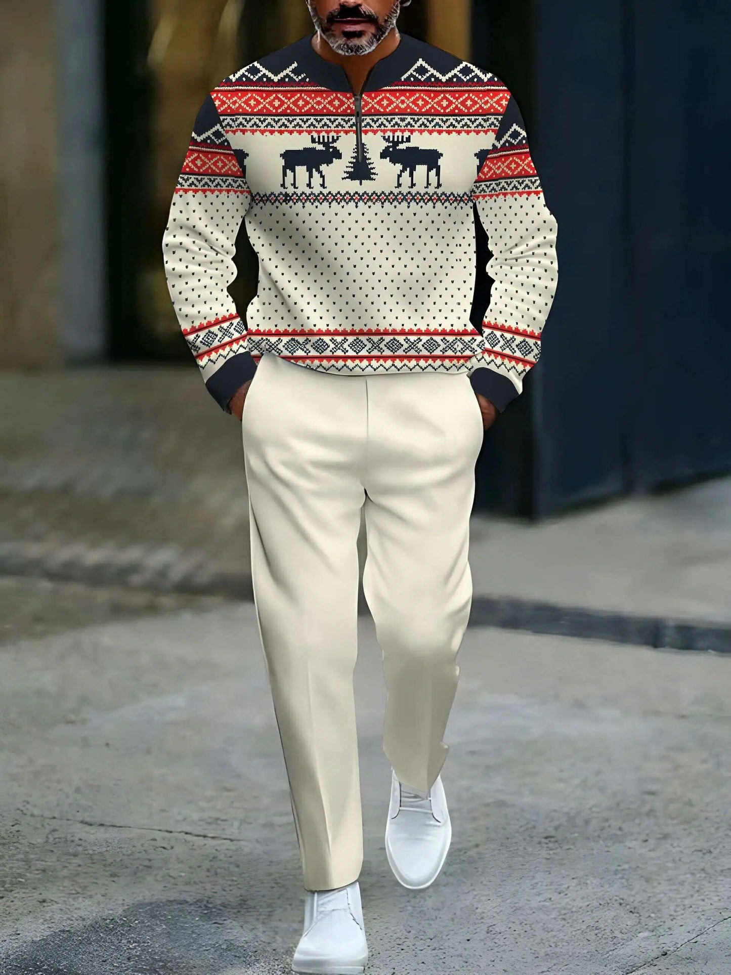 Men's Casual Beige & Navy Color Matching Christmas Printed Round-Neck Zipper Long Sleeved Sweatshirt & Trousers Two-Piece Set