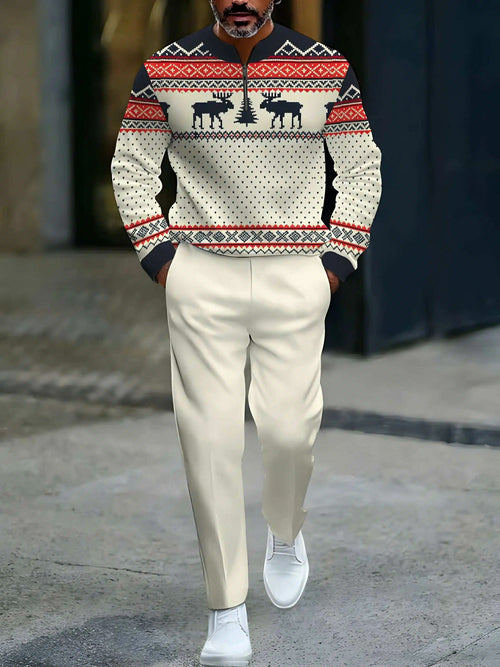 Men's Casual Beige & Navy Color Matching Christmas Printed Round-Neck Zipper Long Sleeved Sweatshirt & Trousers Two-Piece Set