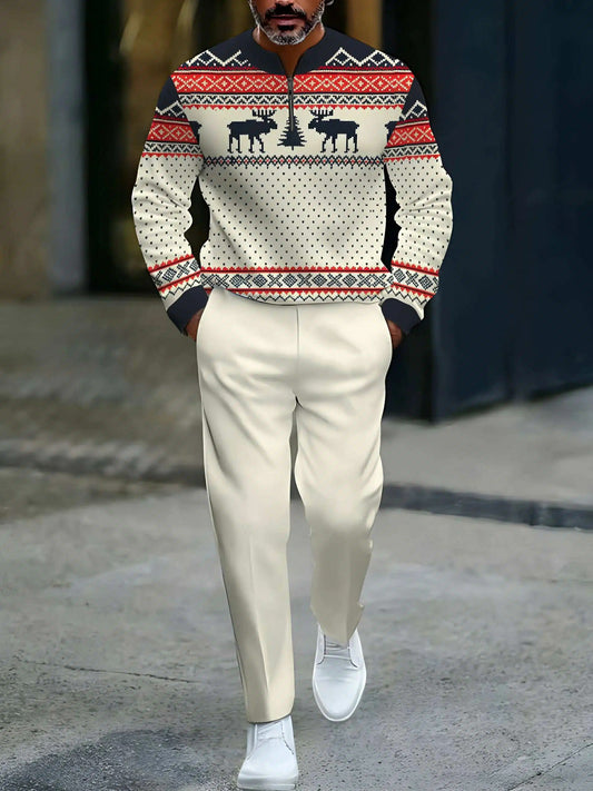 Men's Casual Beige & Navy Color Matching Christmas Printed Round-Neck Zipper Long Sleeved Sweatshirt & Trousers Two-Piece Set