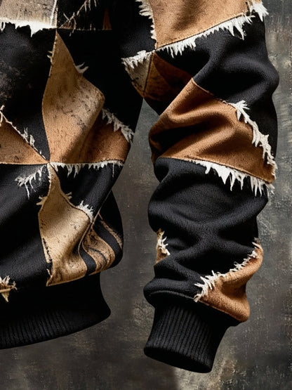 Men's Vintage Color-Block Printed Zip-Up Hoodie