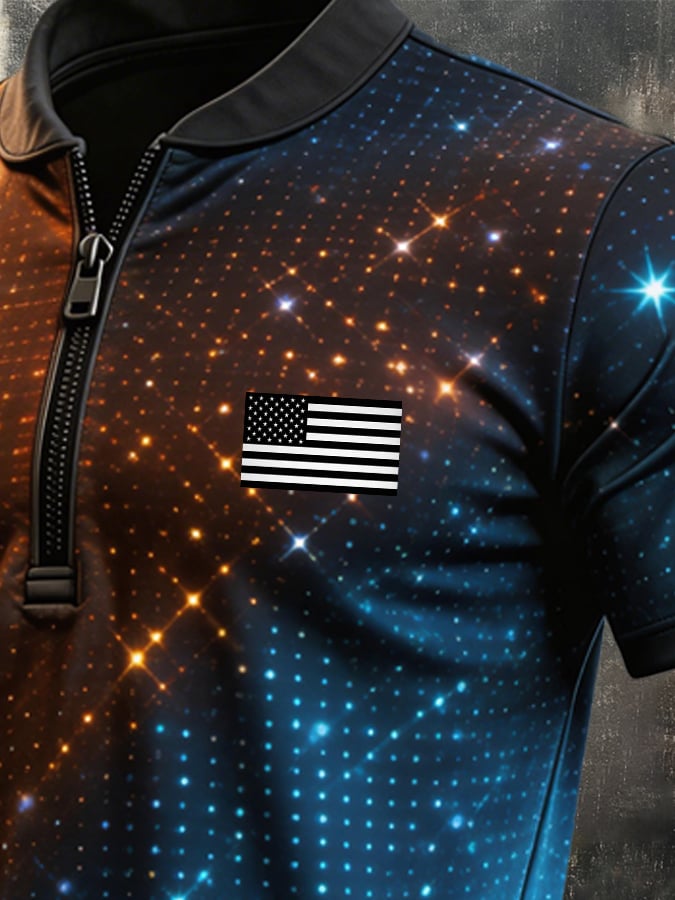 Men's Retro Color-Block Zip-Up T-Shirt