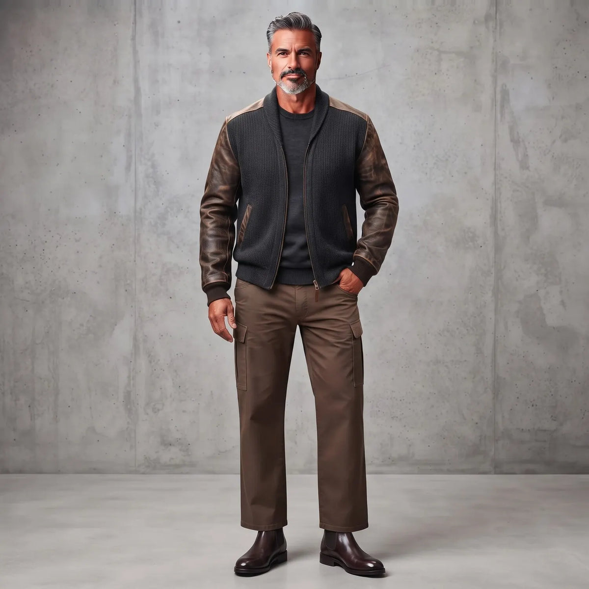Men's Charcoal Ribbed Knit Shawl Lapel PU Leather Patchwork Long Sleeve Zipper Cardigan