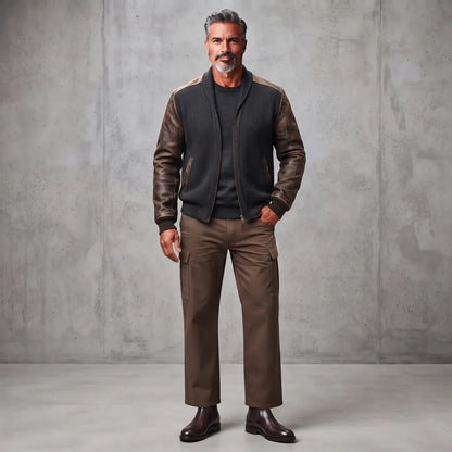 Men's Charcoal Ribbed Knit Shawl Lapel PU Leather Patchwork Long Sleeve Zipper Cardigan
