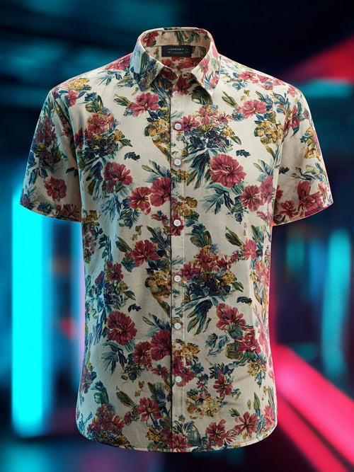 Men's Business Casual Floral Lapel Short Sleeve Shirt
