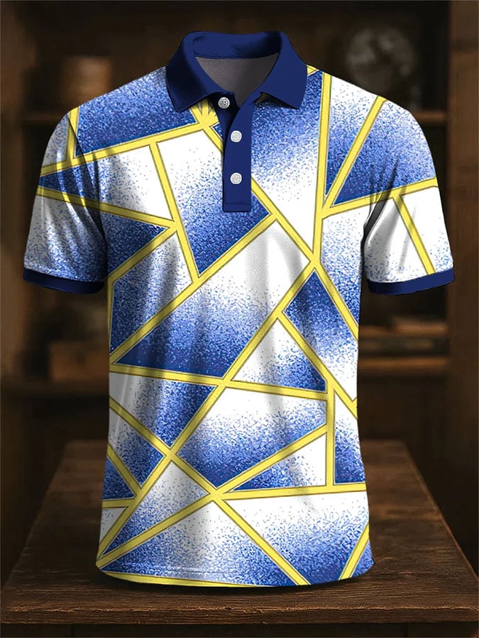 Men'S Casual Color Block Print Polo Shirt Short Sleeve