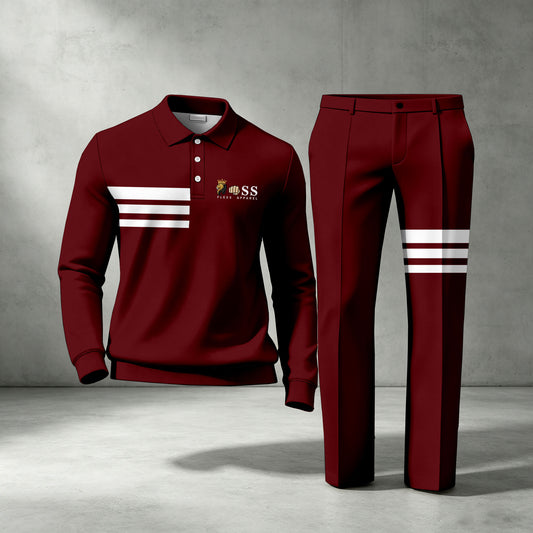 Men's Red Long-Sleeve Polo Shirt and Pants Two-Piece Set