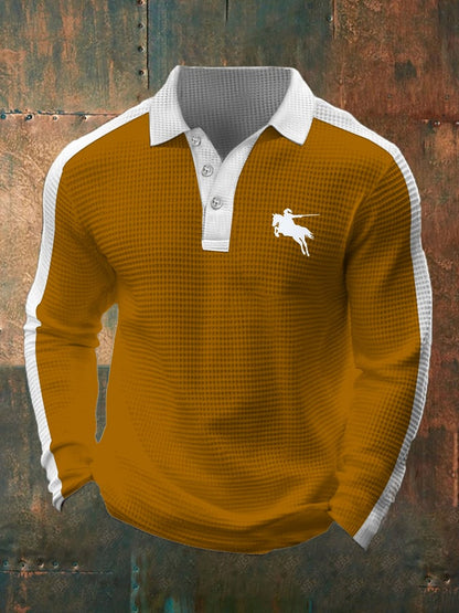 Men's Business Casual Waffle Fabric Long Sleeve Polo Shirt
