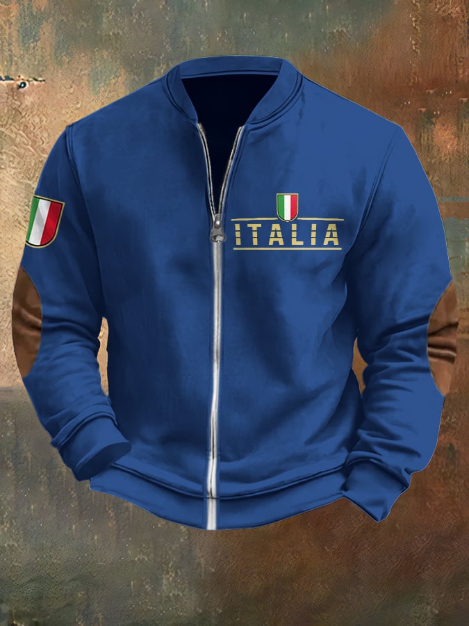Men's Vintage Italia Print Casual Zipper Sweatshirt