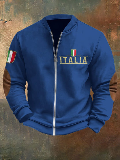 Men's Vintage Italia Print Casual Zipper Sweatshirt
