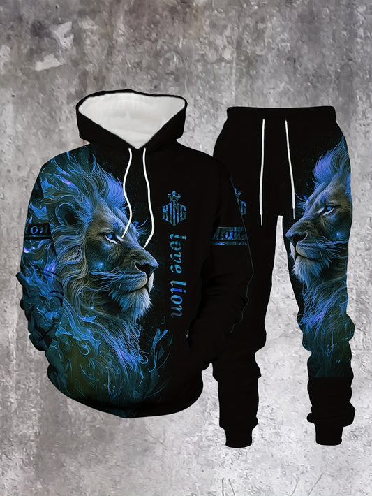 Men's Casual "Love Lion" Printed Hoodies Long Sleeved Sweatshirts & Sweatpants Two-Piece Set