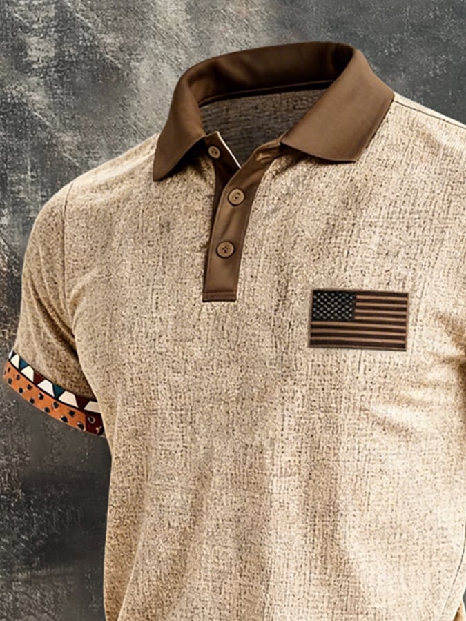 Men'S Retro Color-Block "Patriot" Polo-Collar Casual Cotton-Linen T-Shirt