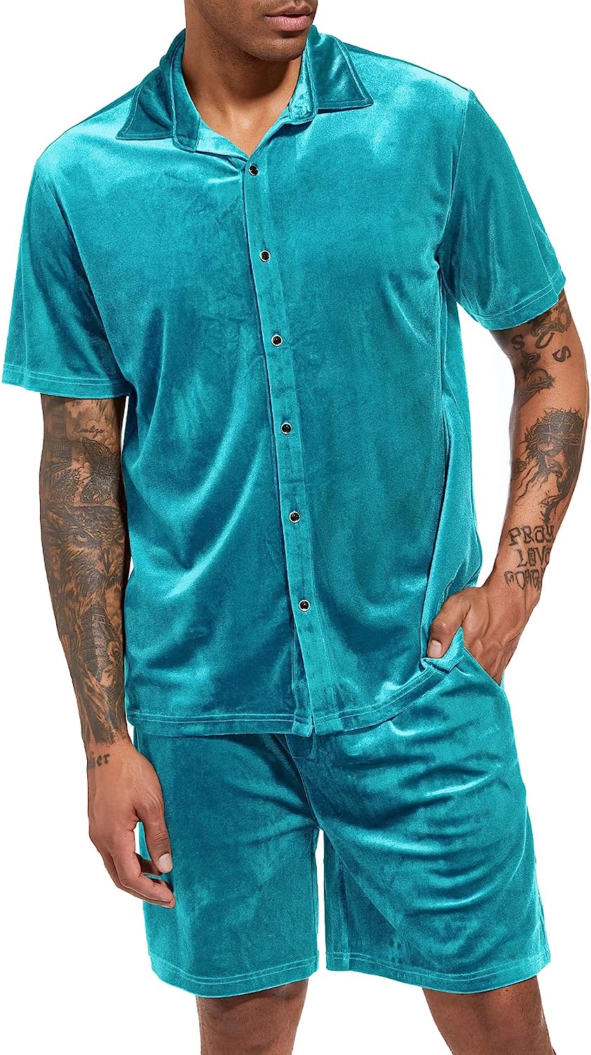 Men's Black Velour Short Sleeve Shirt & Shorts Set