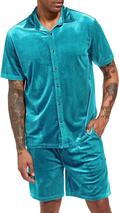 Men's Black Velour Short Sleeve Shirt & Shorts Set