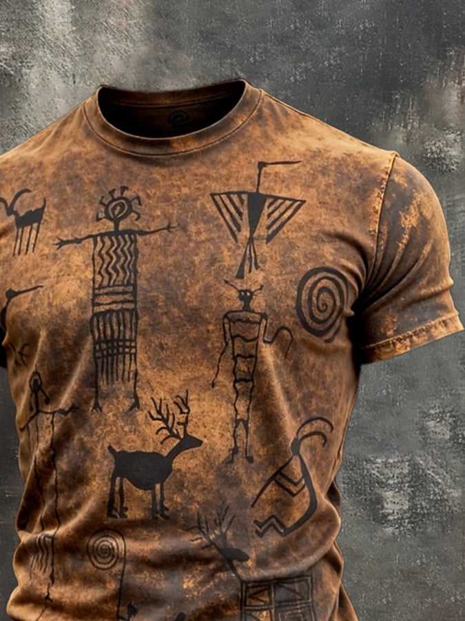 Men's Retro Print Crew Neck Short Sleeve T-Shirt