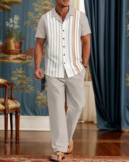 Rianmond Men's Classic Bowling Shirt Contrasting Stripes Walking Suit