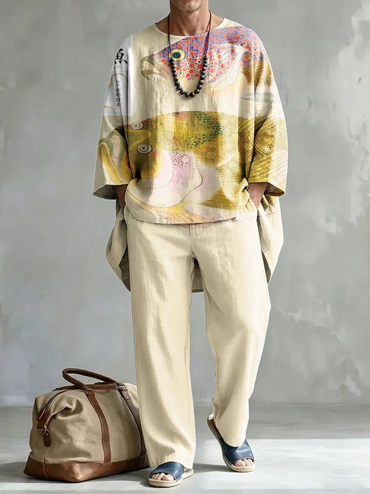 Men's Abstract Art Print Casual Comfort Crew Neck Top And Pants Two-piece Set