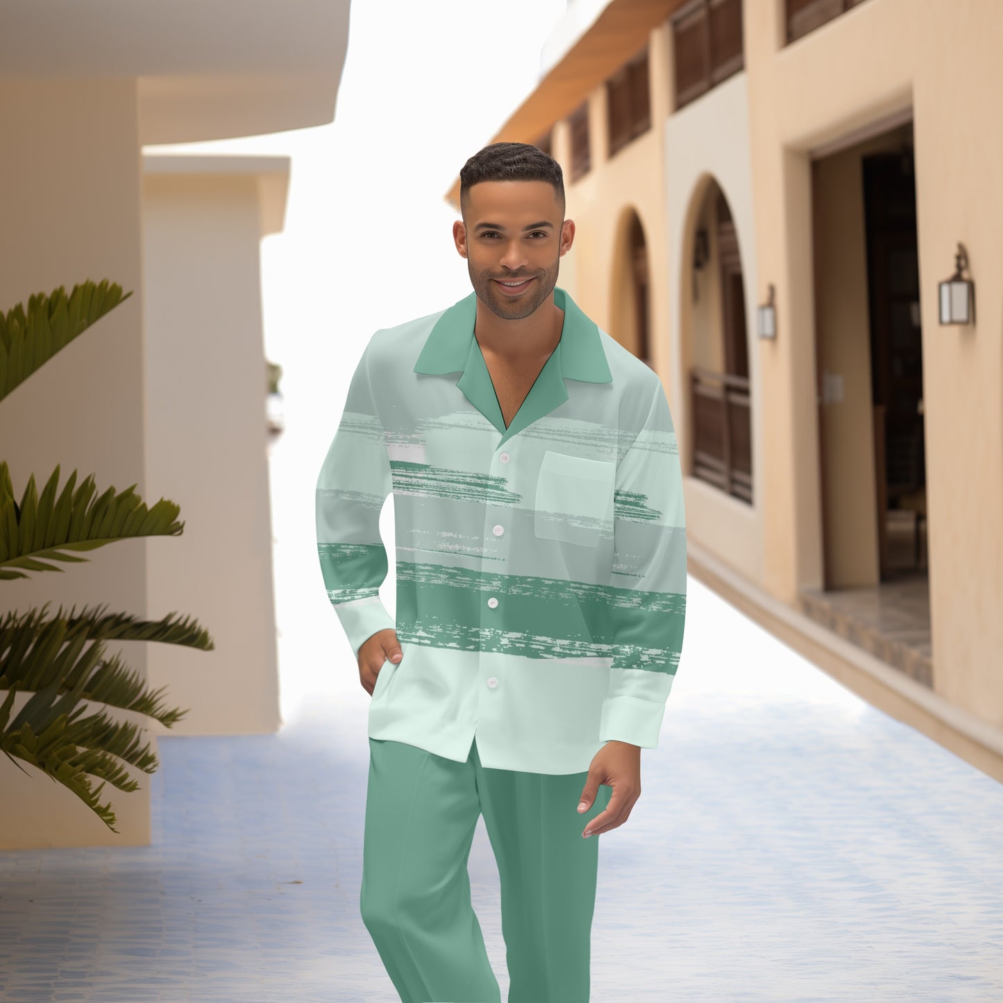 Men's Colorblock Printed Long Sleeve Shirt Casual Walking Suit 1464
