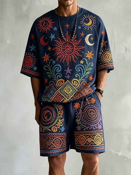 Men's Vintage Boho  Sun and Moon Mysticism Print T-Shirt Shorts Set