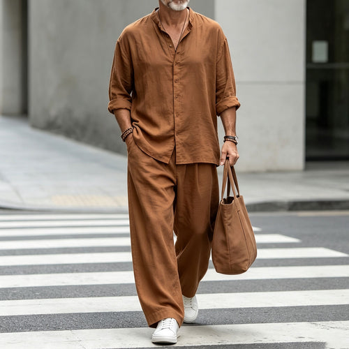 Men's Solid-Color Stand-Collar Long-Sleeve Shirt and Pants Set