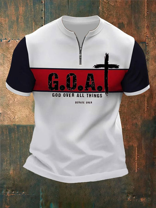 Men's GOAT God OVER ALL THINGS printed zipper short-sleeved T-shirt