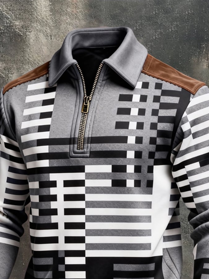 Men's Retro Color Block Print Color-Blocked Zip-Up Sweatshirt