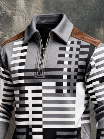 Men's Retro Color Block Print Color-Blocked Zip-Up Sweatshirt