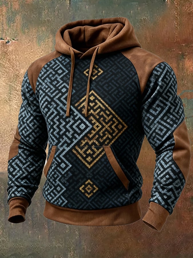 Men's Retro Distressed Color Block Print Casual Long Sleeve Sweatshirt