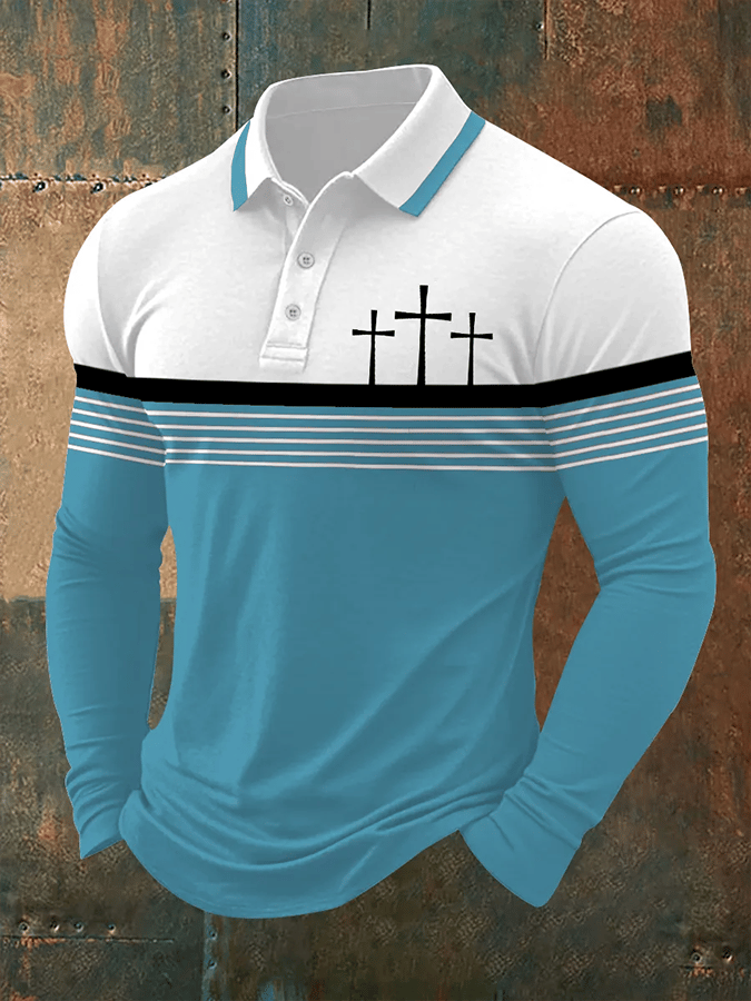 Men's Retro Faith  Casual Printed Long Sleeve Polo Shirt