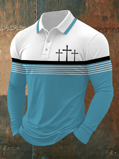Men's Retro Faith  Casual Printed Long Sleeve Polo Shirt
