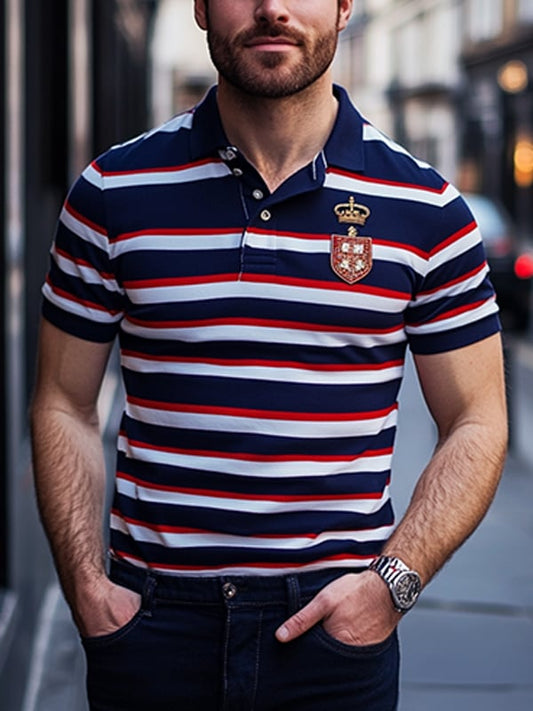 Men's Business Stripe Logo Button-Down Short Sleeve Polo Shirt