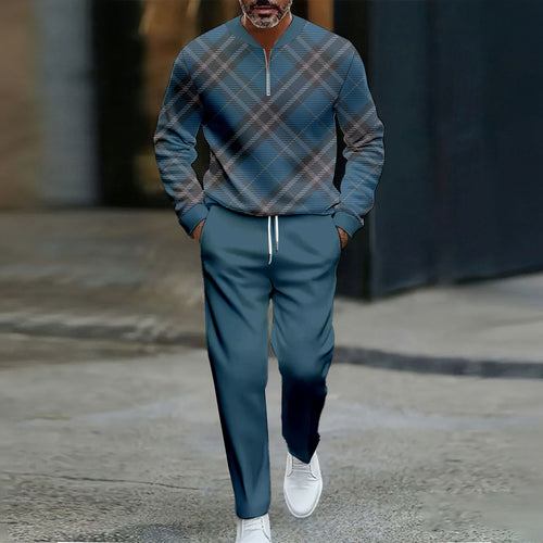 Men's Casual Color Matching Printed Round-Neck Zipper Long Sleeved Trousers Two-Piece Set
