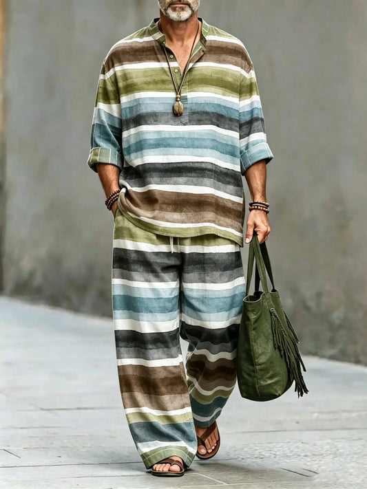 Men's Vintage Abstract Art Printed Cotton Shirt Set (Top & Pants)