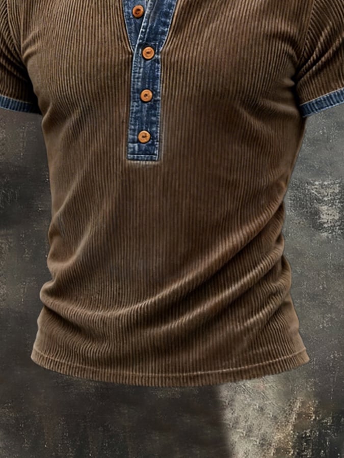 Men's Retro Distressed Patchwork Denim Color Block Short-Sleeve Top
