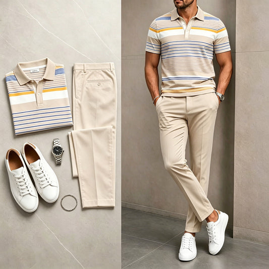Men's Casual Khaki Stripes Printed Polo Shirt And Pants Two-Piece Set