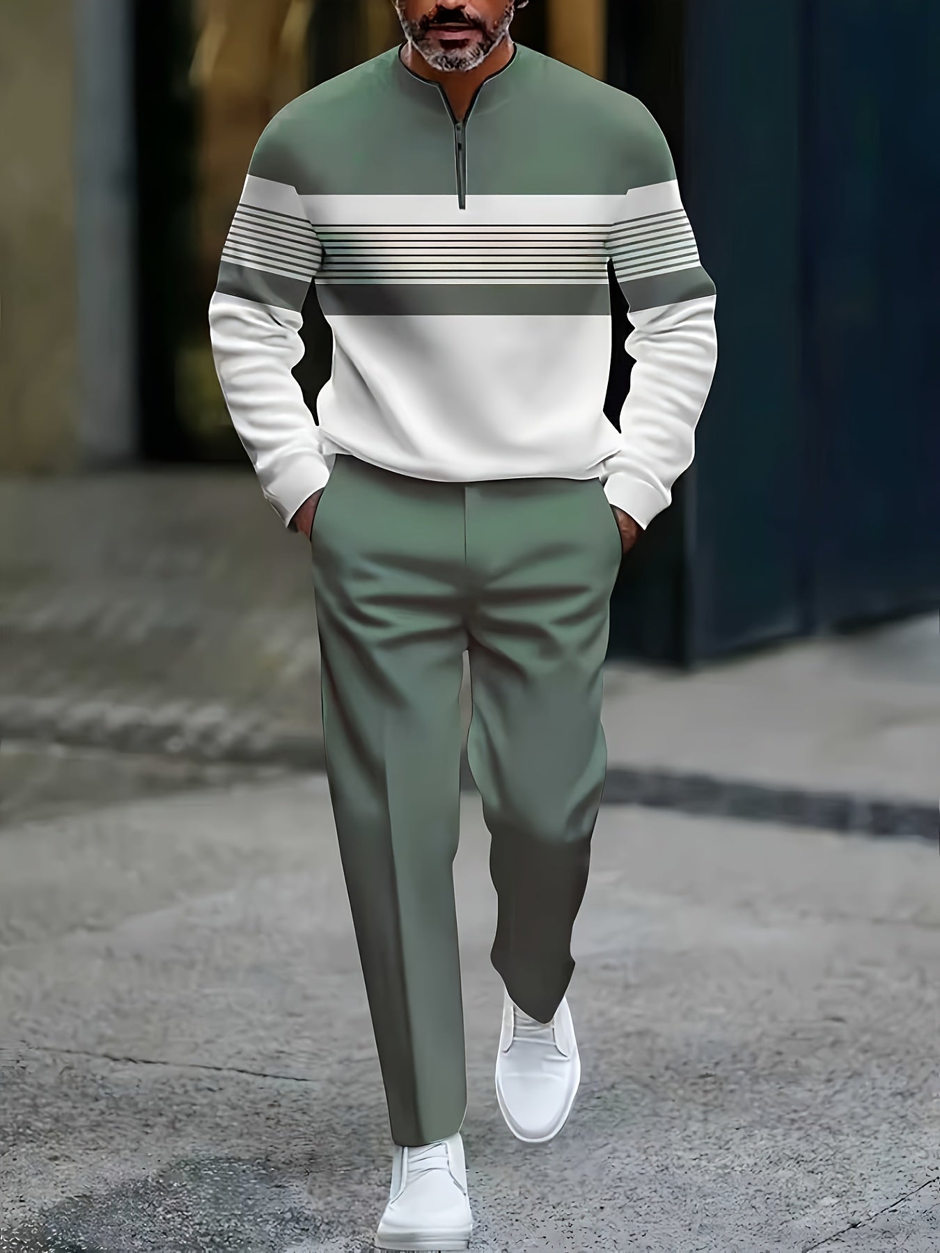 Men's Casual Color Matching Striped Printed Round-Neck Zipper Long Sleeved Trousers Grass Green Two-Piece Set