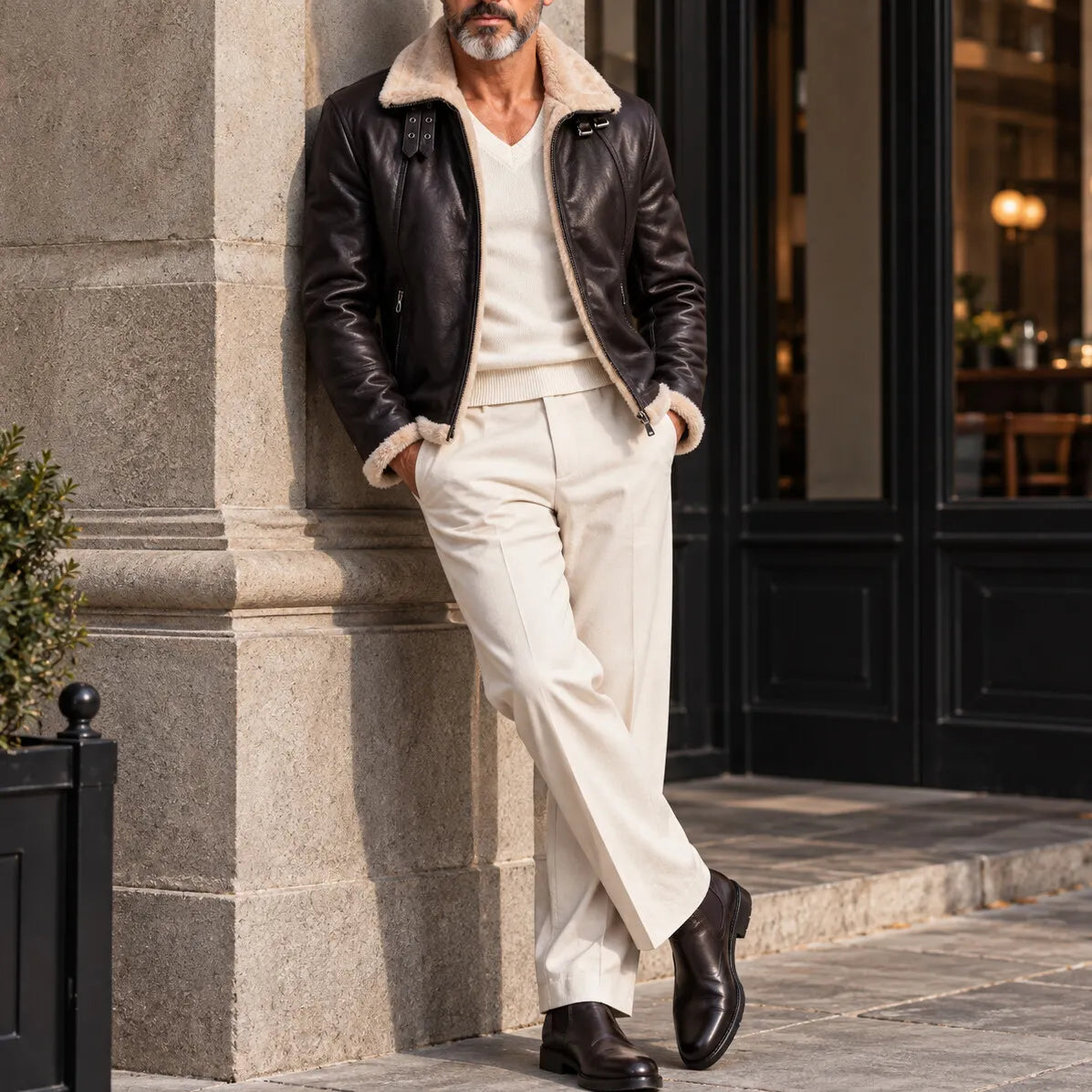 Men's Vintage Zipper Pocket Turndown Collar Fleece Lined PU Leather Jacket