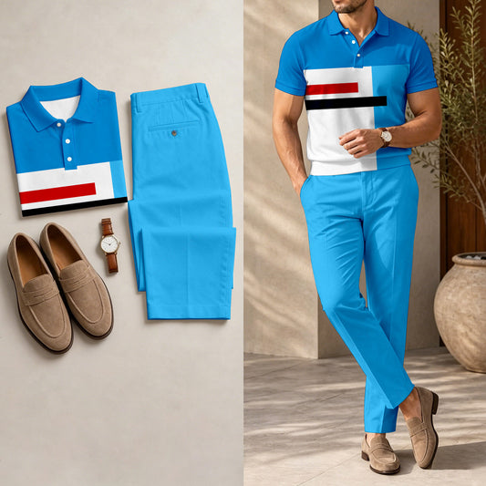 Men's Casual Deep Blue Printed Polo Shirt And Pants Two-Piece Set