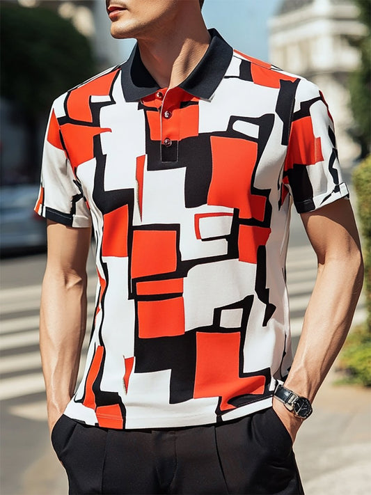 Men's Casual Business Geometric Print Button-Down Short Sleeve Polo Shirt
