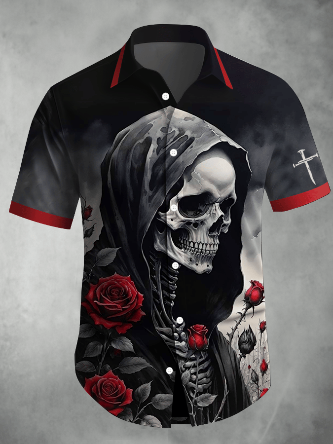 Men's Dark Skull Print Vintage Casual Shirt