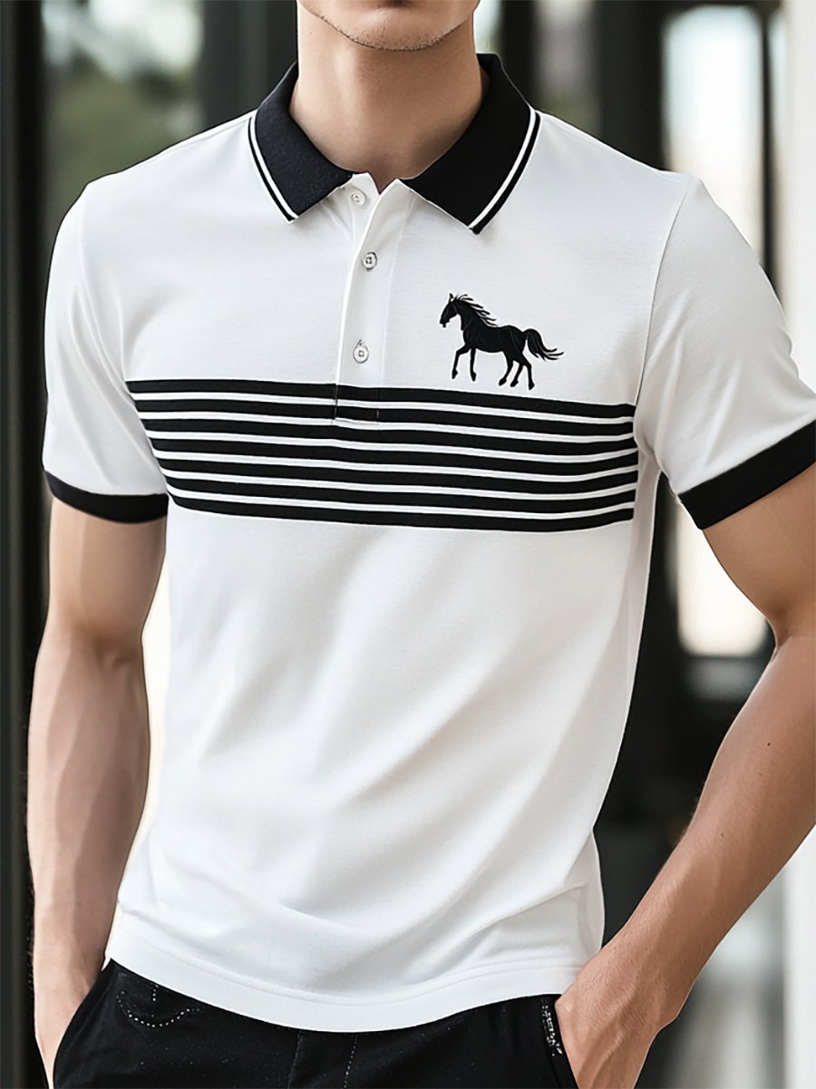 Men's Business Stripe Logo Button-Down Short Sleeve Polo Shirt