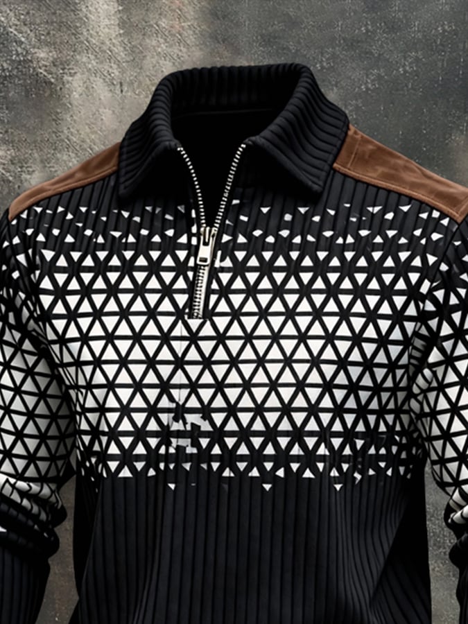 Men's Retro Color Block Print Color-Blocked Zip-Up Sweatshirt