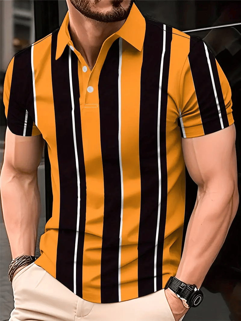 Men's Business Stripe Logo Button-Down Short Sleeve Polo Shirt