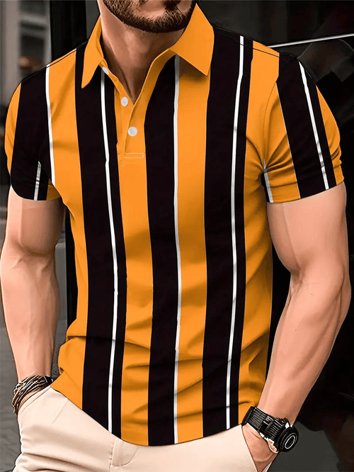 Men's Business Stripe Logo Button-Down Short Sleeve Polo Shirt