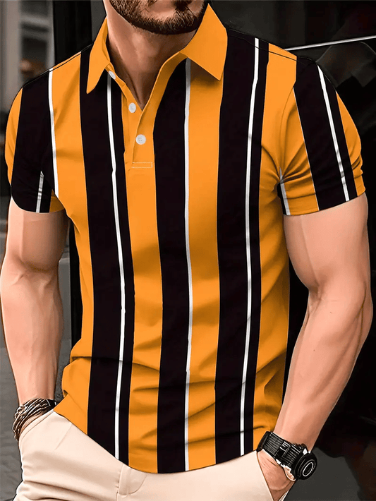 Men's Business Stripe Logo Button-Down Short Sleeve Polo Shirt