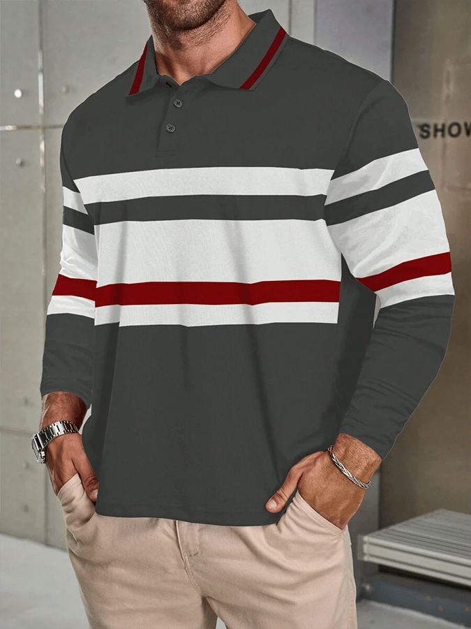 Men's Striped Business Casual Long Sleeve Polo Shirt