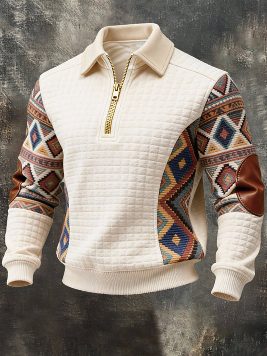 Men's Vintage Waffle-Knit Patchwork Comfortable Color-Block Zip-Up Sweatshirt