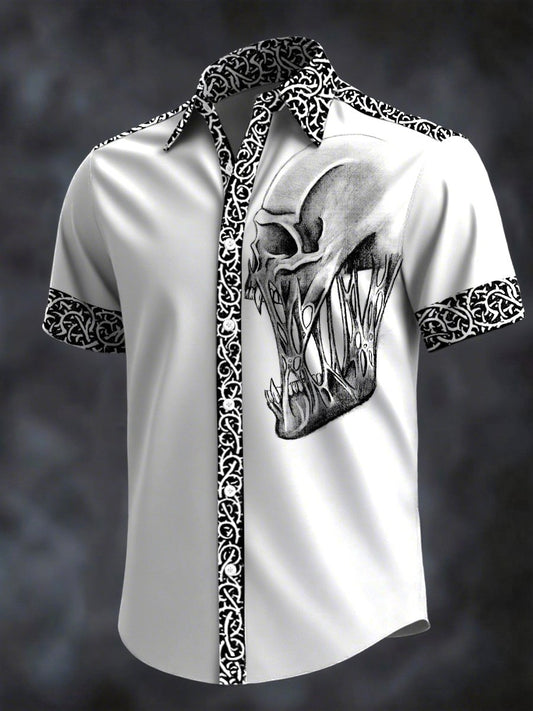 Men's Retro Horror Skull Print Lapel Short Sleeve Shirt