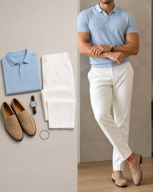 Men's Casual Light Blue Color Short Sleeves Polo Shirt & Jeans Pants Two Piece Set