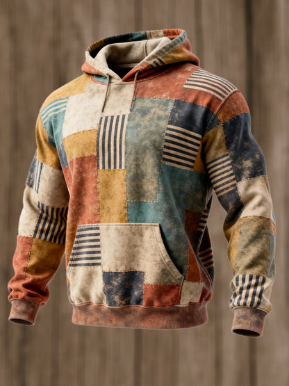 Men's Retro Distressed Color Block Print Casual Long Sleeve Sweatshirt