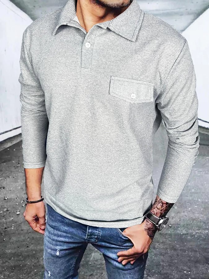 Men's Waffle Casual Solid Color Half Button Polo Shirt